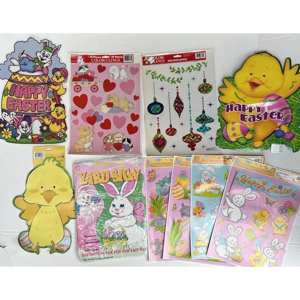VTG 90s Easter Window Clings NOS 10 Pc Set Bunny Chick Cutouts Yard Sign Decor